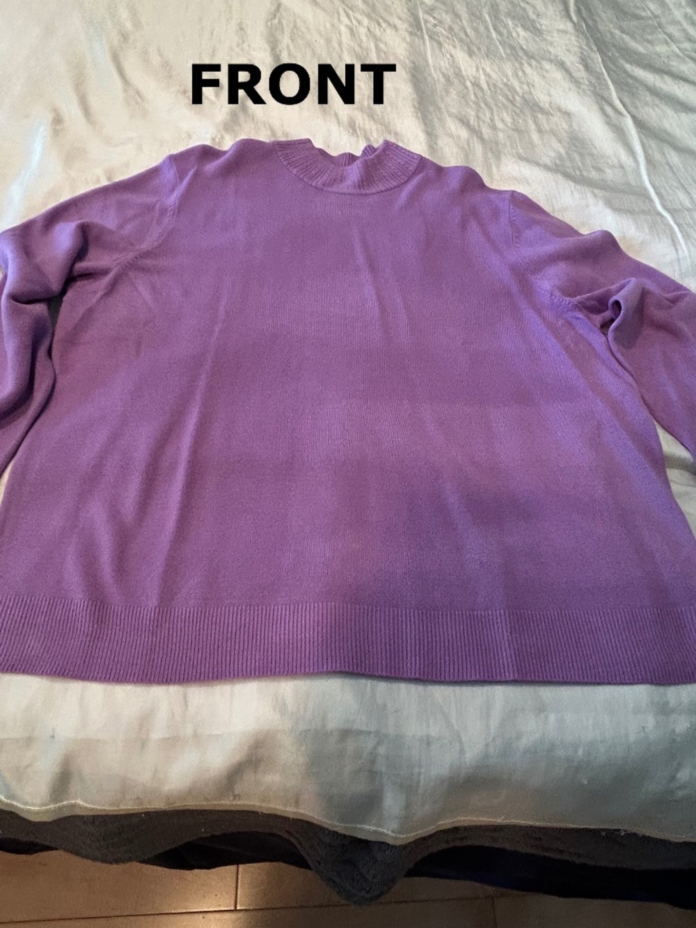 SWEATER, ROUND NECK, PURPLE HYACINTH, SIZE 3X, LOVELY DESIGN ON NECK, RIBBED CUF